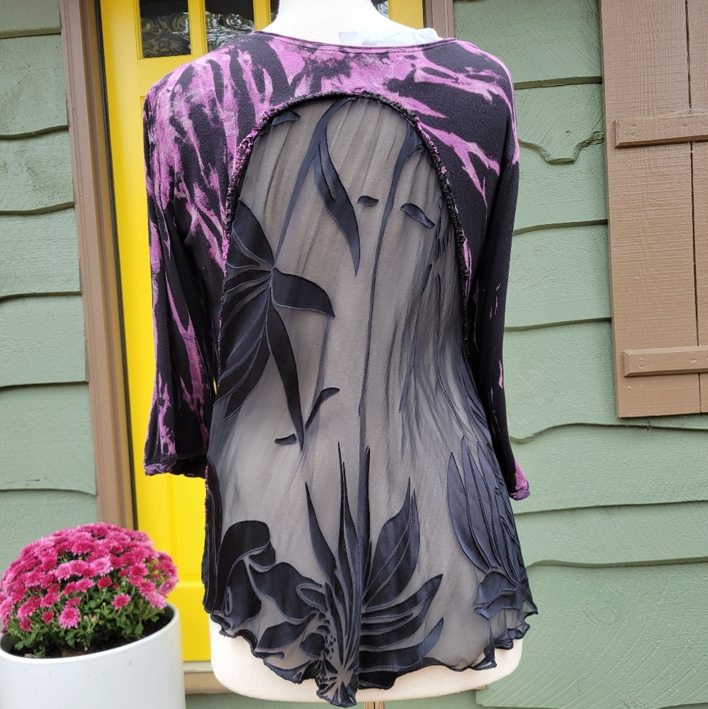 NWT Mezon Bohème Burn Out Silk Back “Purple Wave” Art Top Size M Made in USA
